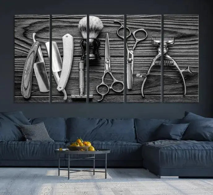 The Classic Barber Tools Wall Art Canvas Print beautifully showcases a triptych of traditional barbering essentials, such as shaving tools and scissors, set against a wooden background. This print captures the timeless charm of barber tools wall art perfectly.