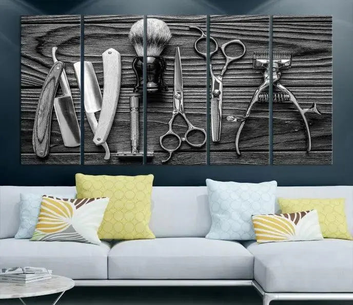 The Classic Barber Tools Wall Art Canvas Print beautifully showcases a triptych of traditional barbering essentials, such as shaving tools and scissors, set against a wooden background. This print captures the timeless charm of barber tools wall art perfectly.