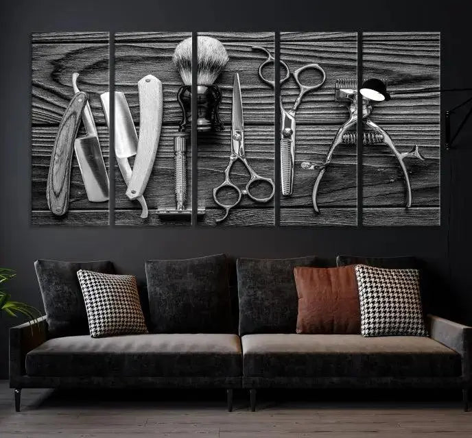 The Classic Barber Tools Wall Art Canvas Print beautifully showcases a triptych of traditional barbering essentials, such as shaving tools and scissors, set against a wooden background. This print captures the timeless charm of barber tools wall art perfectly.