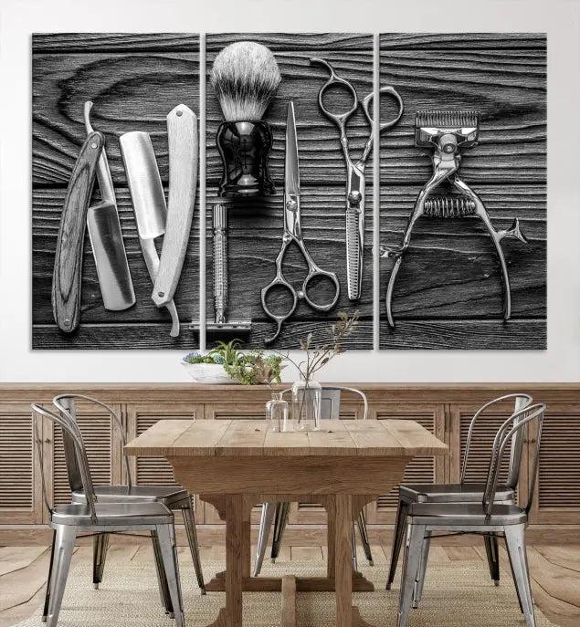 The Classic Barber Tools Wall Art Canvas Print beautifully showcases a triptych of traditional barbering essentials, such as shaving tools and scissors, set against a wooden background. This print captures the timeless charm of barber tools wall art perfectly.