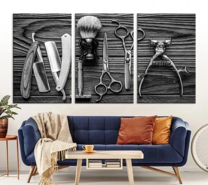 The Classic Barber Tools Wall Art Canvas Print beautifully showcases a triptych of traditional barbering essentials, such as shaving tools and scissors, set against a wooden background. This print captures the timeless charm of barber tools wall art perfectly.