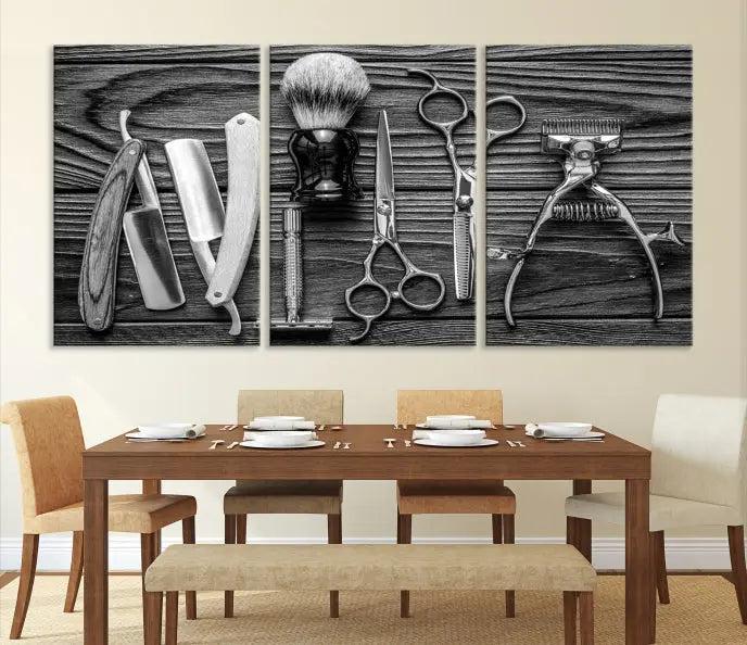 The Classic Barber Tools Wall Art Canvas Print beautifully showcases a triptych of traditional barbering essentials, such as shaving tools and scissors, set against a wooden background. This print captures the timeless charm of barber tools wall art perfectly.