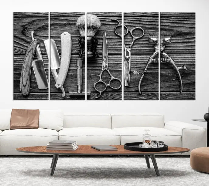 The Classic Barber Tools Wall Art Canvas Print beautifully showcases a triptych of traditional barbering essentials, such as shaving tools and scissors, set against a wooden background. This print captures the timeless charm of barber tools wall art perfectly.