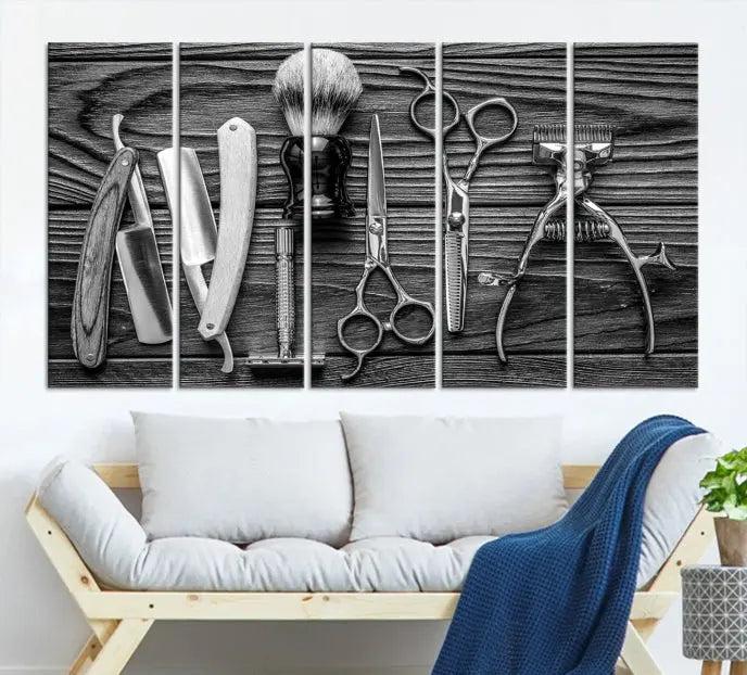 The Classic Barber Tools Wall Art Canvas Print beautifully showcases a triptych of traditional barbering essentials, such as shaving tools and scissors, set against a wooden background. This print captures the timeless charm of barber tools wall art perfectly.