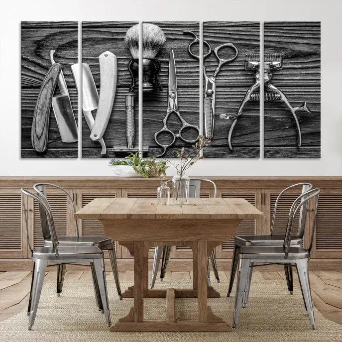 The Classic Barber Tools Wall Art Canvas Print beautifully showcases a triptych of traditional barbering essentials, such as shaving tools and scissors, set against a wooden background. This print captures the timeless charm of barber tools wall art perfectly.