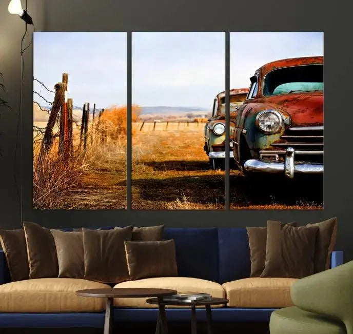 The Classic Cars Vintage Wall Art Canvas Print, featuring a triptych of vintage cars in a rural landscape and gallery wrapped on museum-quality polycotton, elegantly hangs on the wall.