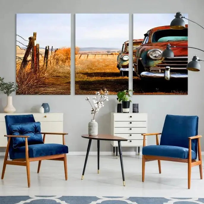 The Classic Cars Vintage Wall Art Canvas Print, featuring a triptych of vintage cars in a rural landscape and gallery wrapped on museum-quality polycotton, elegantly hangs on the wall.