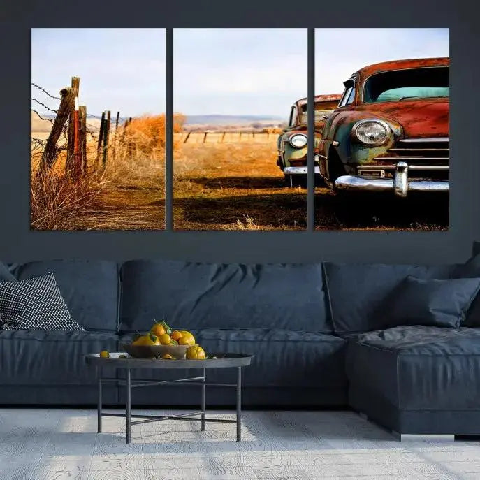 The Classic Cars Vintage Wall Art Canvas Print, featuring a triptych of vintage cars in a rural landscape and gallery wrapped on museum-quality polycotton, elegantly hangs on the wall.