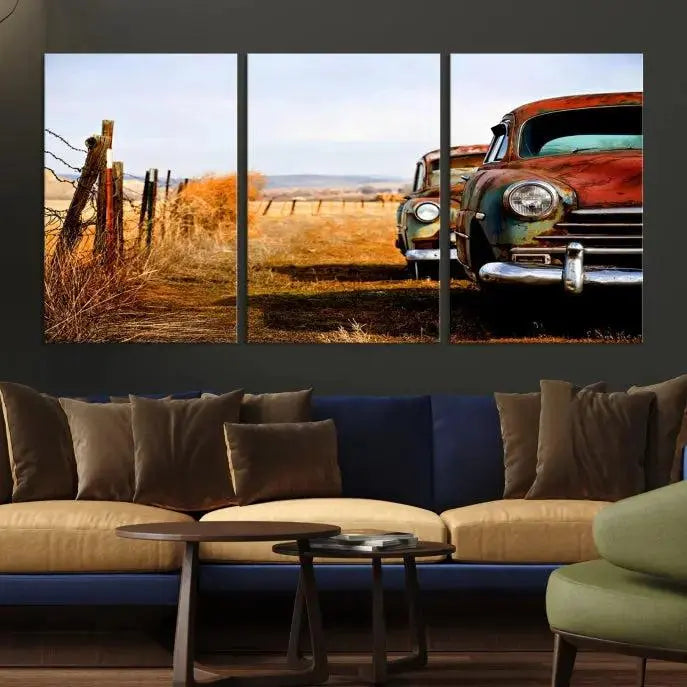 The Classic Cars Vintage Wall Art Canvas Print, featuring a triptych of vintage cars in a rural landscape and gallery wrapped on museum-quality polycotton, elegantly hangs on the wall.