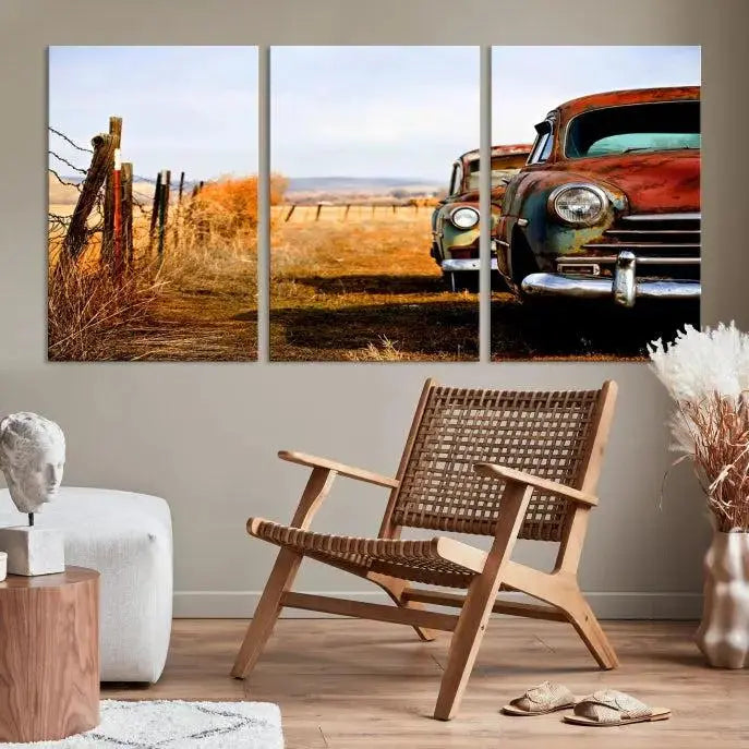 The Classic Cars Vintage Wall Art Canvas Print, featuring a triptych of vintage cars in a rural landscape and gallery wrapped on museum-quality polycotton, elegantly hangs on the wall.