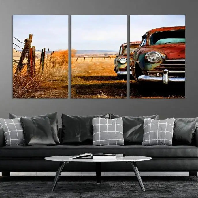 The Classic Cars Vintage Wall Art Canvas Print, featuring a triptych of vintage cars in a rural landscape and gallery wrapped on museum-quality polycotton, elegantly hangs on the wall.