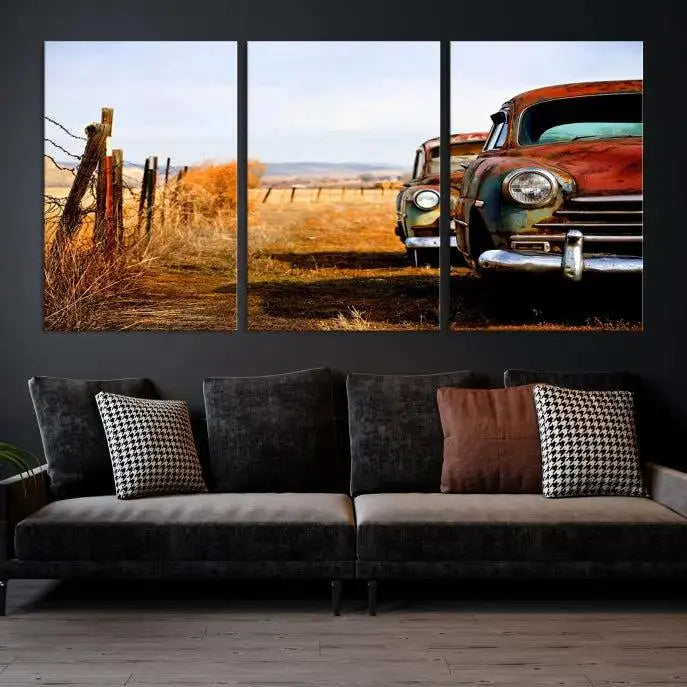 The Classic Cars Vintage Wall Art Canvas Print, featuring a triptych of vintage cars in a rural landscape and gallery wrapped on museum-quality polycotton, elegantly hangs on the wall.