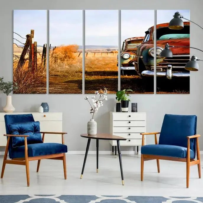 The Classic Cars Vintage Wall Art Canvas Print, featuring a triptych of vintage cars in a rural landscape and gallery wrapped on museum-quality polycotton, elegantly hangs on the wall.