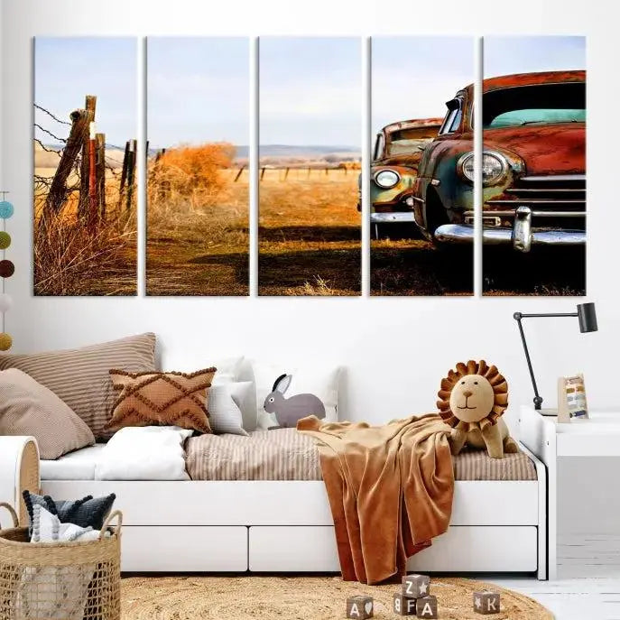 The Classic Cars Vintage Wall Art Canvas Print, featuring a triptych of vintage cars in a rural landscape and gallery wrapped on museum-quality polycotton, elegantly hangs on the wall.