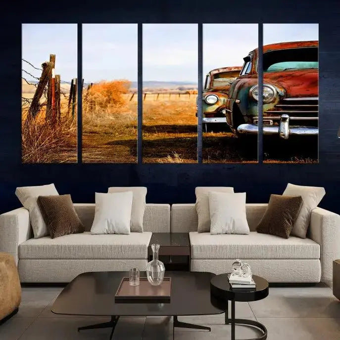 The Classic Cars Vintage Wall Art Canvas Print, featuring a triptych of vintage cars in a rural landscape and gallery wrapped on museum-quality polycotton, elegantly hangs on the wall.