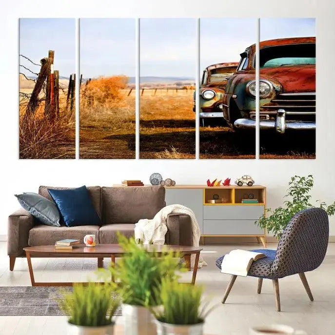 The Classic Cars Vintage Wall Art Canvas Print, featuring a triptych of vintage cars in a rural landscape and gallery wrapped on museum-quality polycotton, elegantly hangs on the wall.