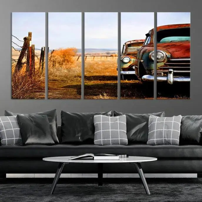 The Classic Cars Vintage Wall Art Canvas Print, featuring a triptych of vintage cars in a rural landscape and gallery wrapped on museum-quality polycotton, elegantly hangs on the wall.