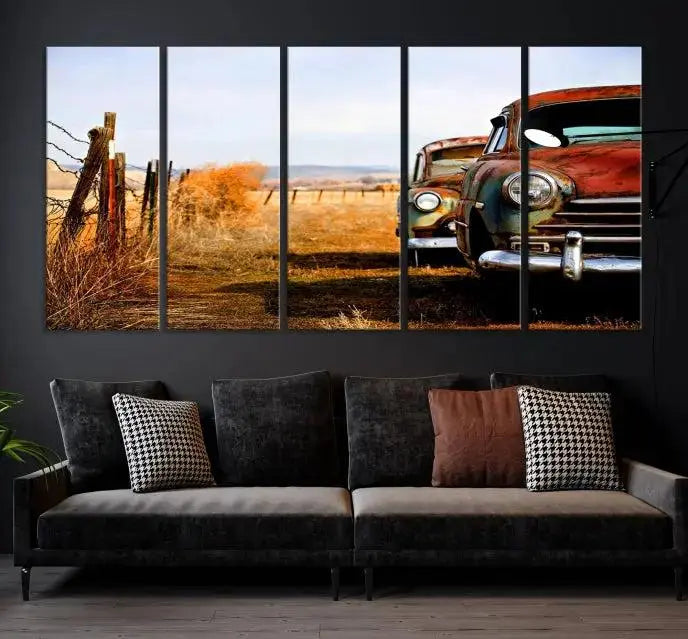 The Classic Cars Vintage Wall Art Canvas Print, featuring a triptych of vintage cars in a rural landscape and gallery wrapped on museum-quality polycotton, elegantly hangs on the wall.