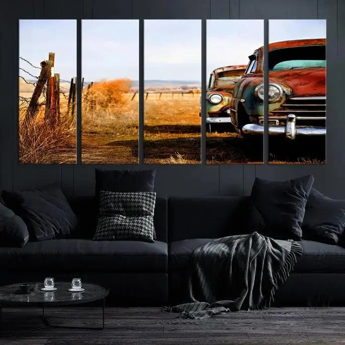 The Classic Cars Vintage Wall Art Canvas Print, featuring a triptych of vintage cars in a rural landscape and gallery wrapped on museum-quality polycotton, elegantly hangs on the wall.