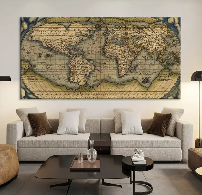 The Classic Old World Map Wall Art Canvas Print, crafted on museum-quality canvas with a UV-protective coating, is a ready-to-hang piece that enhances the charm and sophistication of any room.