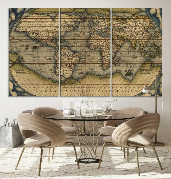 The Classic Old World Map Wall Art Canvas Print, crafted on museum-quality canvas with a UV-protective coating, is a ready-to-hang piece that enhances the charm and sophistication of any room.