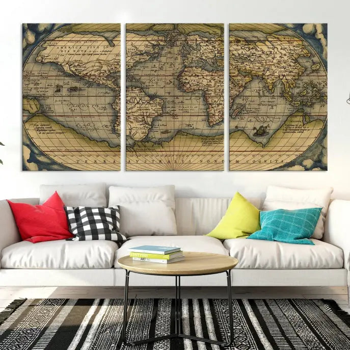 The Classic Old World Map Wall Art Canvas Print, crafted on museum-quality canvas with a UV-protective coating, is a ready-to-hang piece that enhances the charm and sophistication of any room.