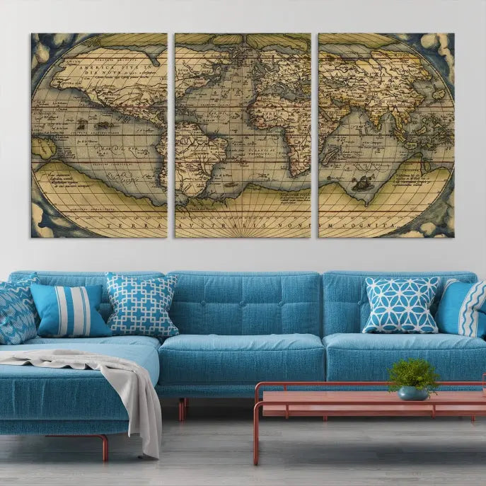 The Classic Old World Map Wall Art Canvas Print, crafted on museum-quality canvas with a UV-protective coating, is a ready-to-hang piece that enhances the charm and sophistication of any room.