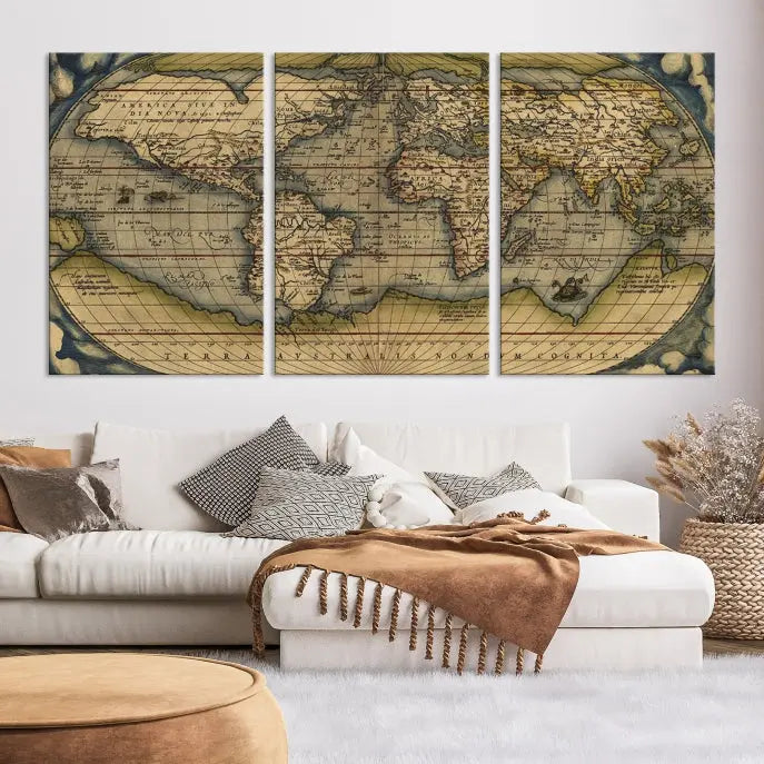 The Classic Old World Map Wall Art Canvas Print, crafted on museum-quality canvas with a UV-protective coating, is a ready-to-hang piece that enhances the charm and sophistication of any room.