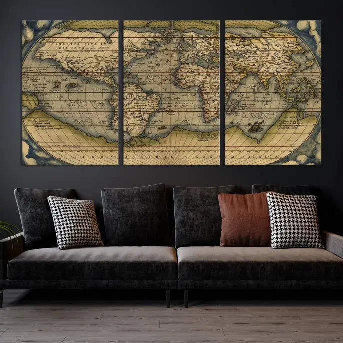 The Classic Old World Map Wall Art Canvas Print, crafted on museum-quality canvas with a UV-protective coating, is a ready-to-hang piece that enhances the charm and sophistication of any room.