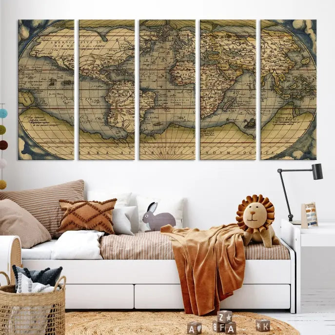 The Classic Old World Map Wall Art Canvas Print, crafted on museum-quality canvas with a UV-protective coating, is a ready-to-hang piece that enhances the charm and sophistication of any room.