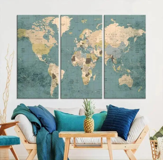 A beautiful display showcases the Classic World Map Wall Art Canvas Print in three panels. These museum-quality canvases are gallery wrapped and come with a UV-protective coating to ensure long-lasting beauty.