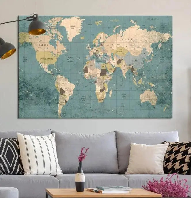 A beautiful display showcases the Classic World Map Wall Art Canvas Print in three panels. These museum-quality canvases are gallery wrapped and come with a UV-protective coating to ensure long-lasting beauty.