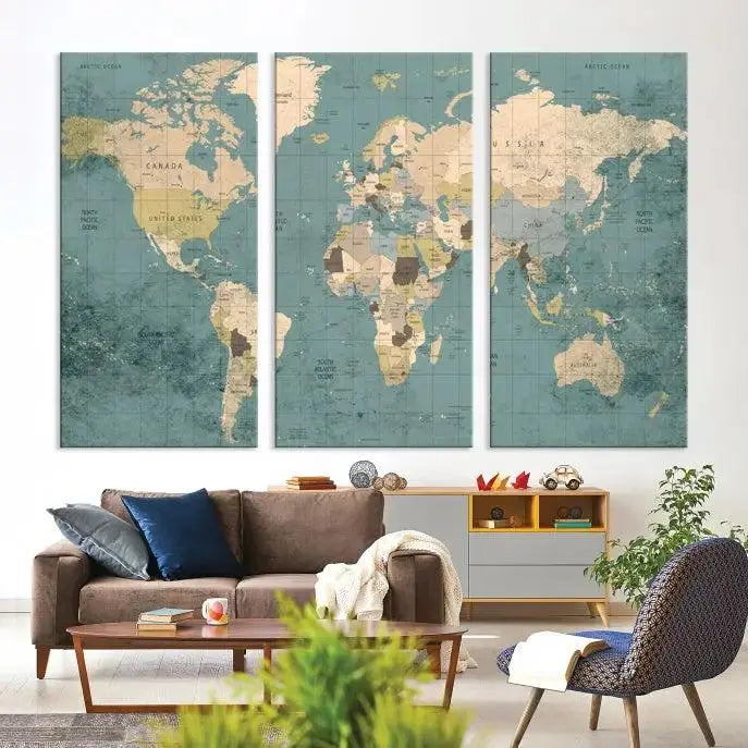 A beautiful display showcases the Classic World Map Wall Art Canvas Print in three panels. These museum-quality canvases are gallery wrapped and come with a UV-protective coating to ensure long-lasting beauty.