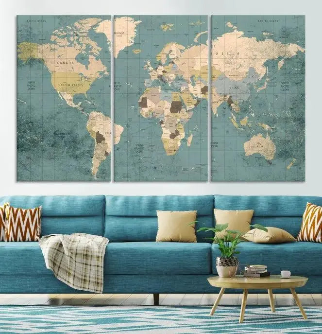 A beautiful display showcases the Classic World Map Wall Art Canvas Print in three panels. These museum-quality canvases are gallery wrapped and come with a UV-protective coating to ensure long-lasting beauty.