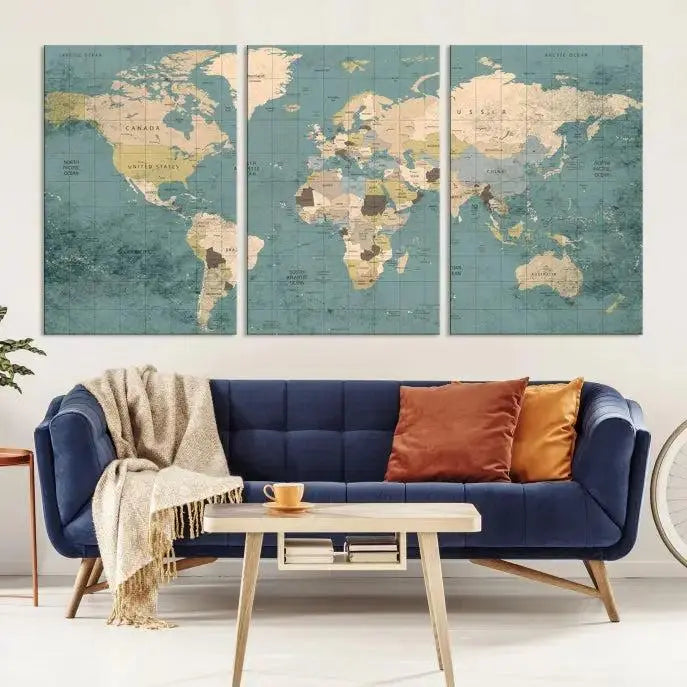 A beautiful display showcases the Classic World Map Wall Art Canvas Print in three panels. These museum-quality canvases are gallery wrapped and come with a UV-protective coating to ensure long-lasting beauty.