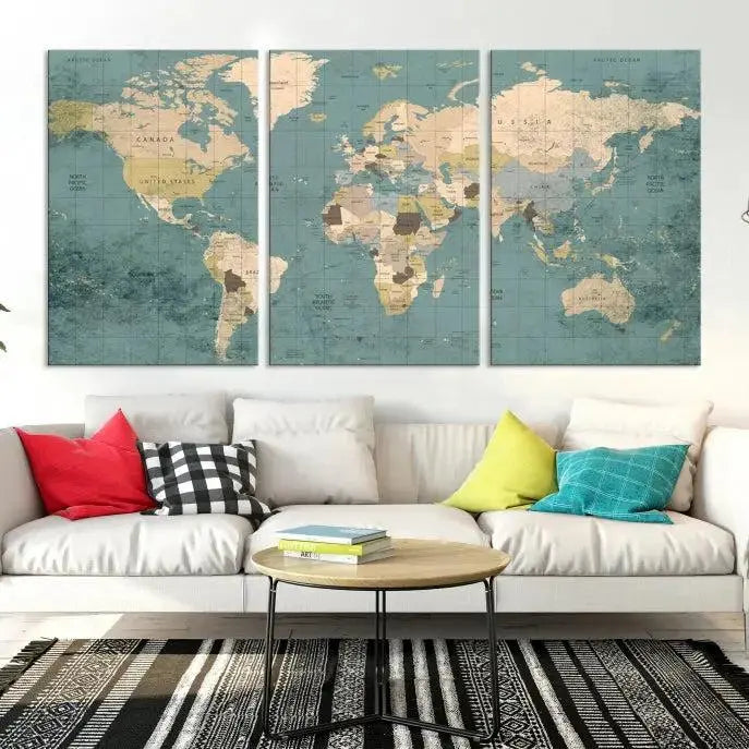 A beautiful display showcases the Classic World Map Wall Art Canvas Print in three panels. These museum-quality canvases are gallery wrapped and come with a UV-protective coating to ensure long-lasting beauty.