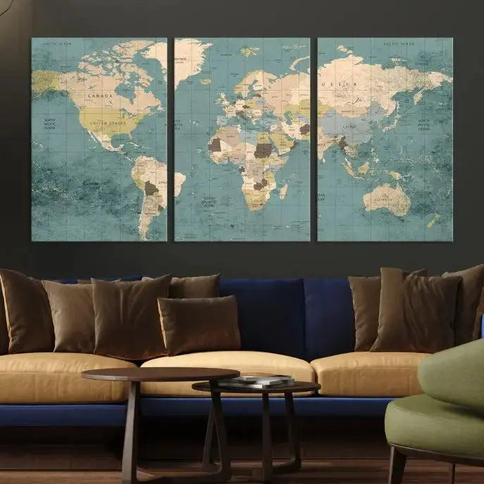 A beautiful display showcases the Classic World Map Wall Art Canvas Print in three panels. These museum-quality canvases are gallery wrapped and come with a UV-protective coating to ensure long-lasting beauty.