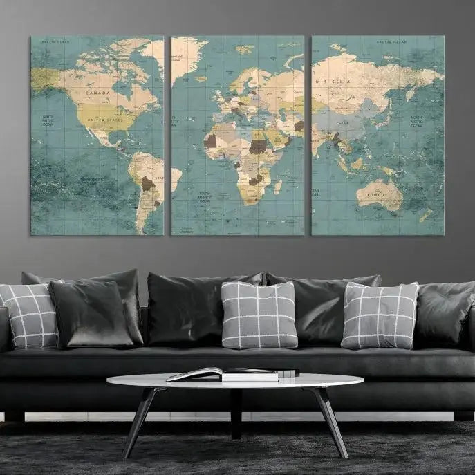 A beautiful display showcases the Classic World Map Wall Art Canvas Print in three panels. These museum-quality canvases are gallery wrapped and come with a UV-protective coating to ensure long-lasting beauty.