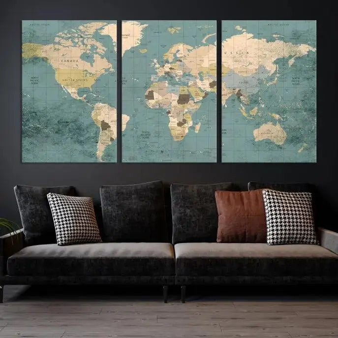 A beautiful display showcases the Classic World Map Wall Art Canvas Print in three panels. These museum-quality canvases are gallery wrapped and come with a UV-protective coating to ensure long-lasting beauty.