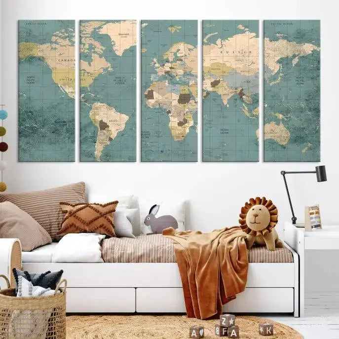 A beautiful display showcases the Classic World Map Wall Art Canvas Print in three panels. These museum-quality canvases are gallery wrapped and come with a UV-protective coating to ensure long-lasting beauty.