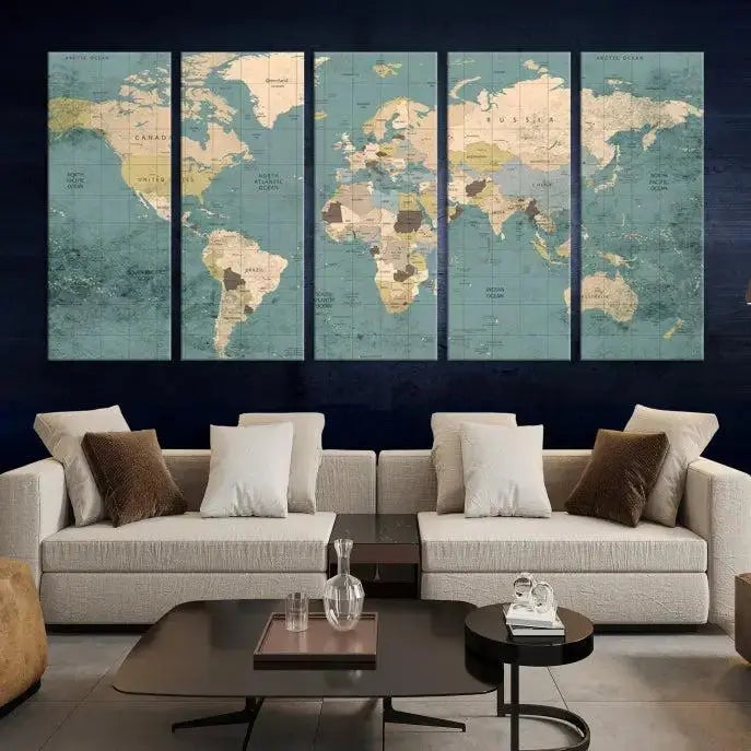 A beautiful display showcases the Classic World Map Wall Art Canvas Print in three panels. These museum-quality canvases are gallery wrapped and come with a UV-protective coating to ensure long-lasting beauty.