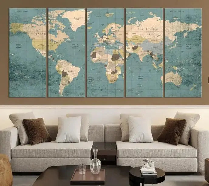 A beautiful display showcases the Classic World Map Wall Art Canvas Print in three panels. These museum-quality canvases are gallery wrapped and come with a UV-protective coating to ensure long-lasting beauty.