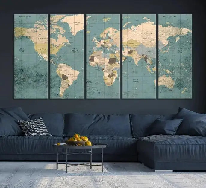 A beautiful display showcases the Classic World Map Wall Art Canvas Print in three panels. These museum-quality canvases are gallery wrapped and come with a UV-protective coating to ensure long-lasting beauty.