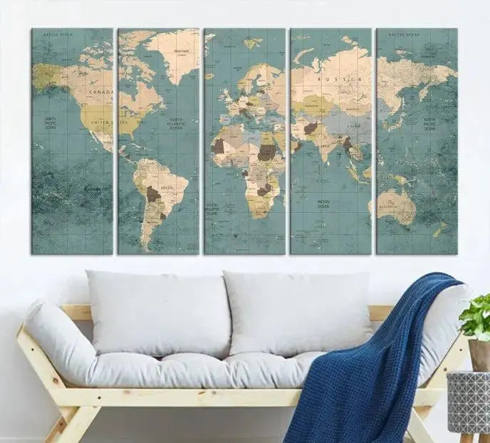 A beautiful display showcases the Classic World Map Wall Art Canvas Print in three panels. These museum-quality canvases are gallery wrapped and come with a UV-protective coating to ensure long-lasting beauty.