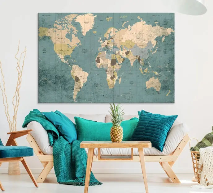 A beautiful display showcases the Classic World Map Wall Art Canvas Print in three panels. These museum-quality canvases are gallery wrapped and come with a UV-protective coating to ensure long-lasting beauty.