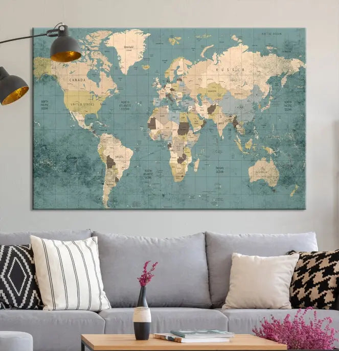 A beautiful display showcases the Classic World Map Wall Art Canvas Print in three panels. These museum-quality canvases are gallery wrapped and come with a UV-protective coating to ensure long-lasting beauty.