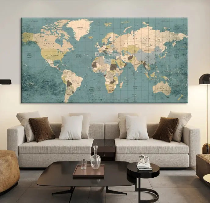 A beautiful display showcases the Classic World Map Wall Art Canvas Print in three panels. These museum-quality canvases are gallery wrapped and come with a UV-protective coating to ensure long-lasting beauty.