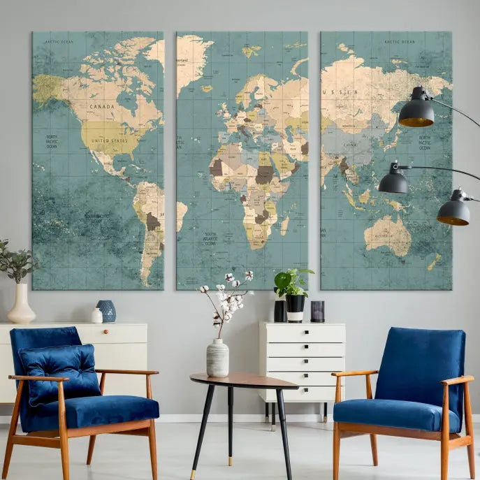 A beautiful display showcases the Classic World Map Wall Art Canvas Print in three panels. These museum-quality canvases are gallery wrapped and come with a UV-protective coating to ensure long-lasting beauty.