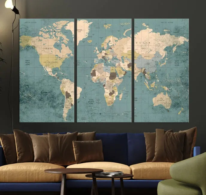 A beautiful display showcases the Classic World Map Wall Art Canvas Print in three panels. These museum-quality canvases are gallery wrapped and come with a UV-protective coating to ensure long-lasting beauty.