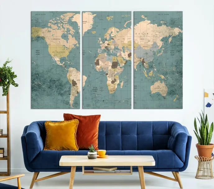 A beautiful display showcases the Classic World Map Wall Art Canvas Print in three panels. These museum-quality canvases are gallery wrapped and come with a UV-protective coating to ensure long-lasting beauty.